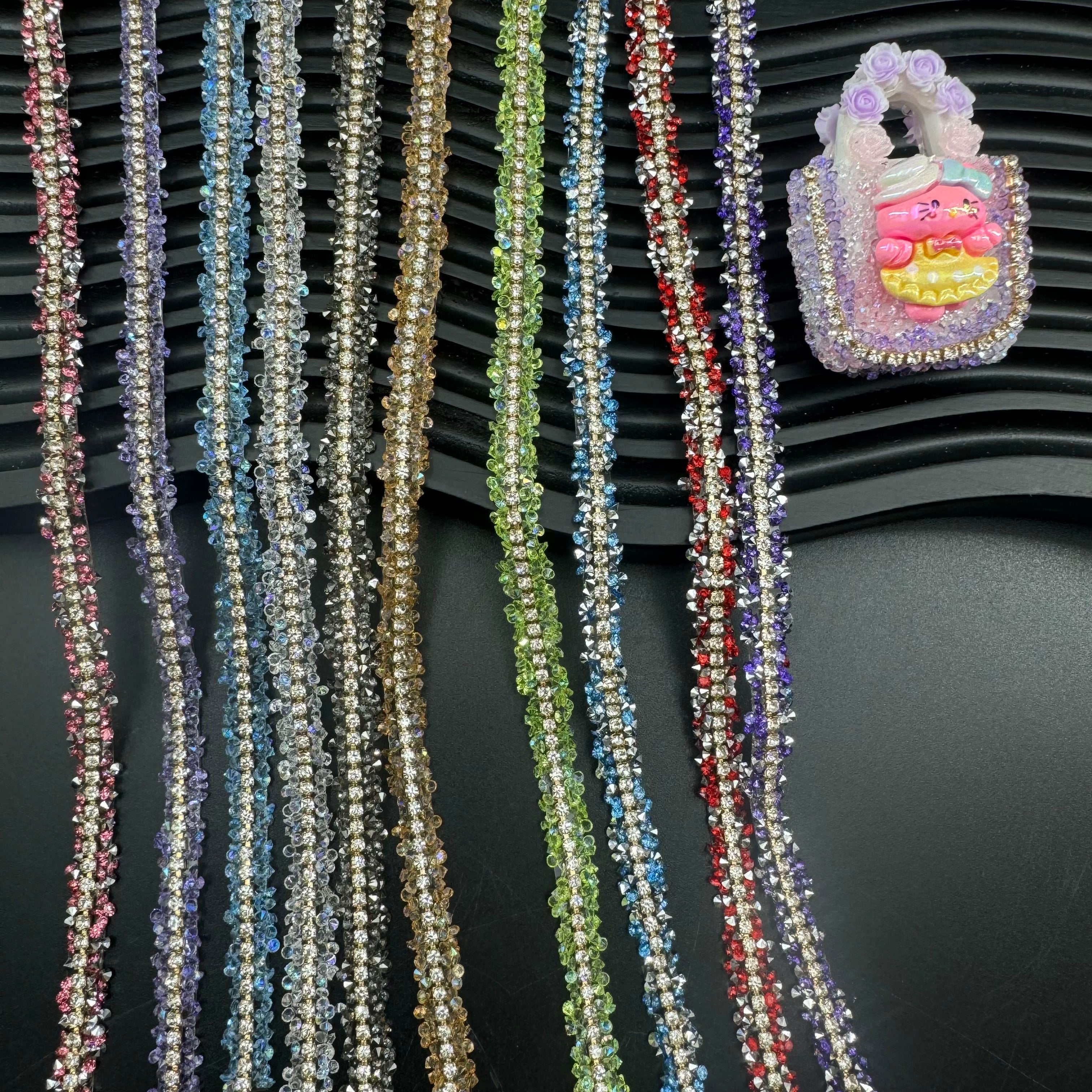 FS1301-0.9cm Width Sugar Diamonds Wraps tapes With Gold Chain In Middle For Making Fancy Bead