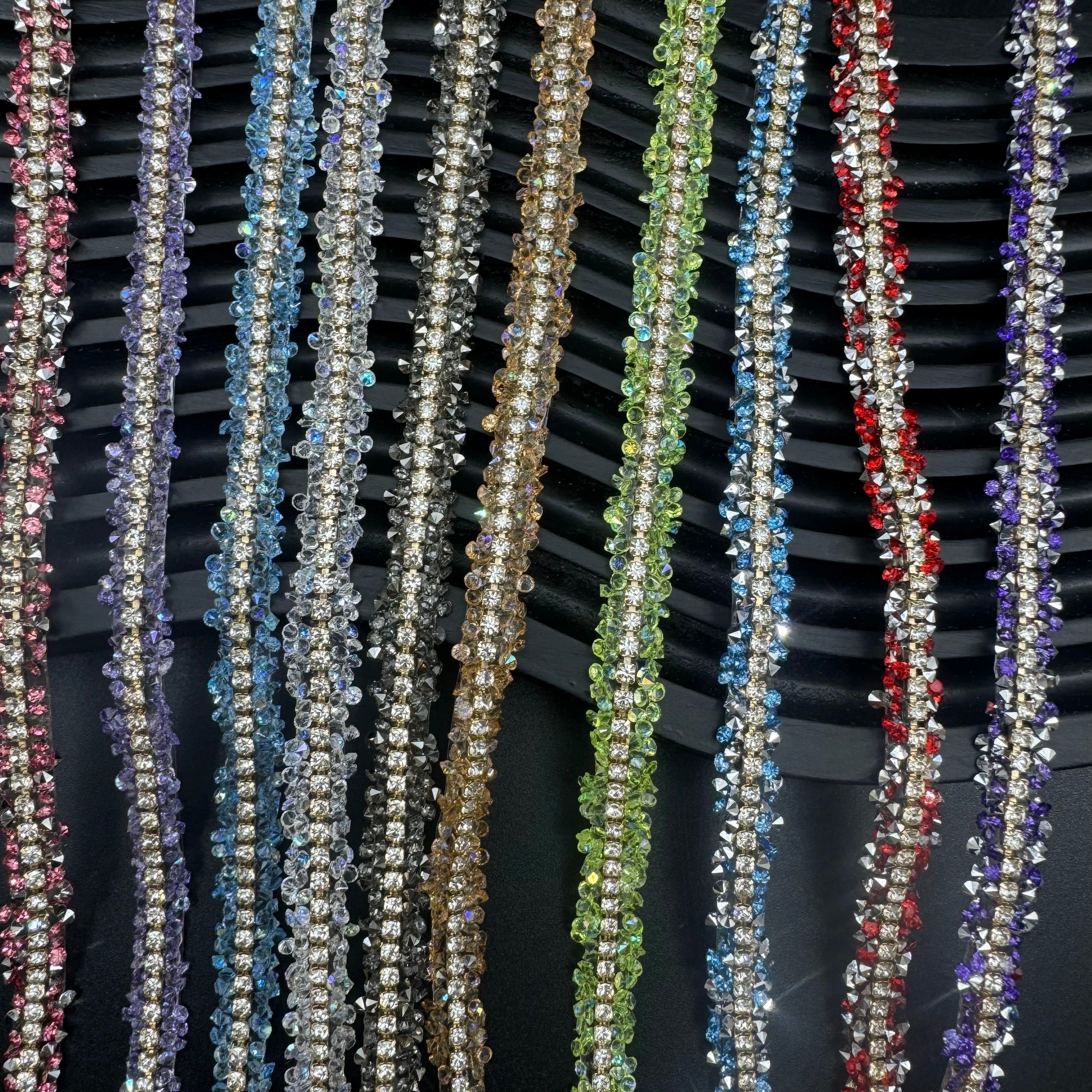 FS1301-0.9cm Width Sugar Diamonds Wraps tapes With Gold Chain In Middle For Making Fancy Bead