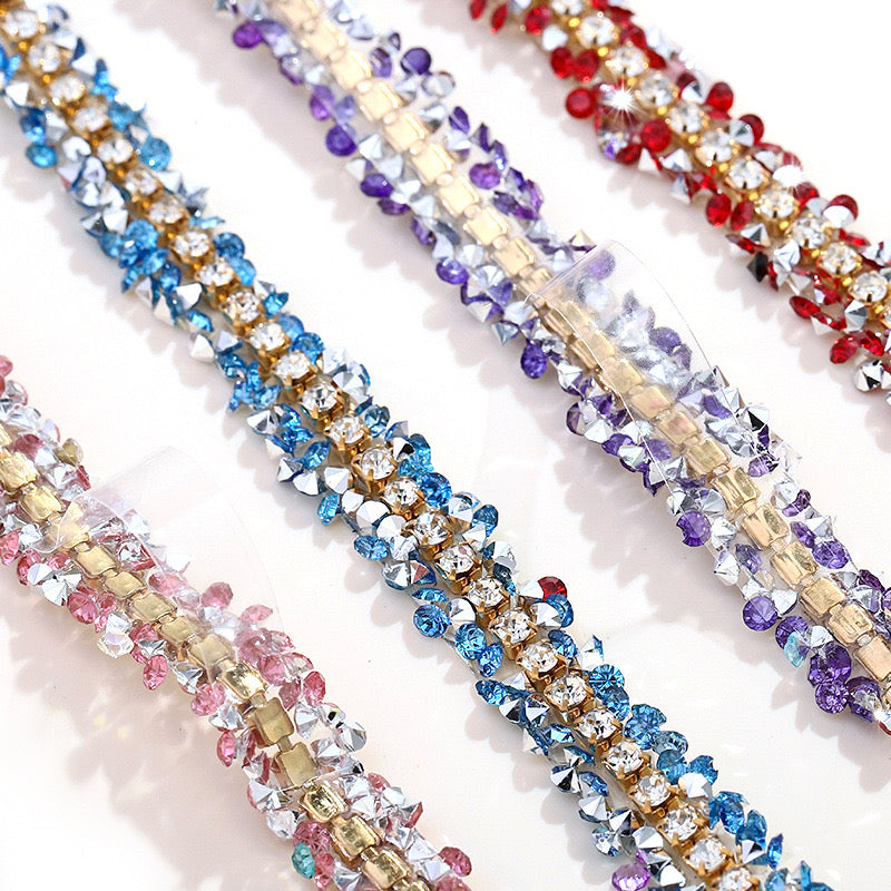 FS1301-0.9cm Width Sugar Diamonds Wraps tapes With Gold Chain In Middle For Making Fancy Bead