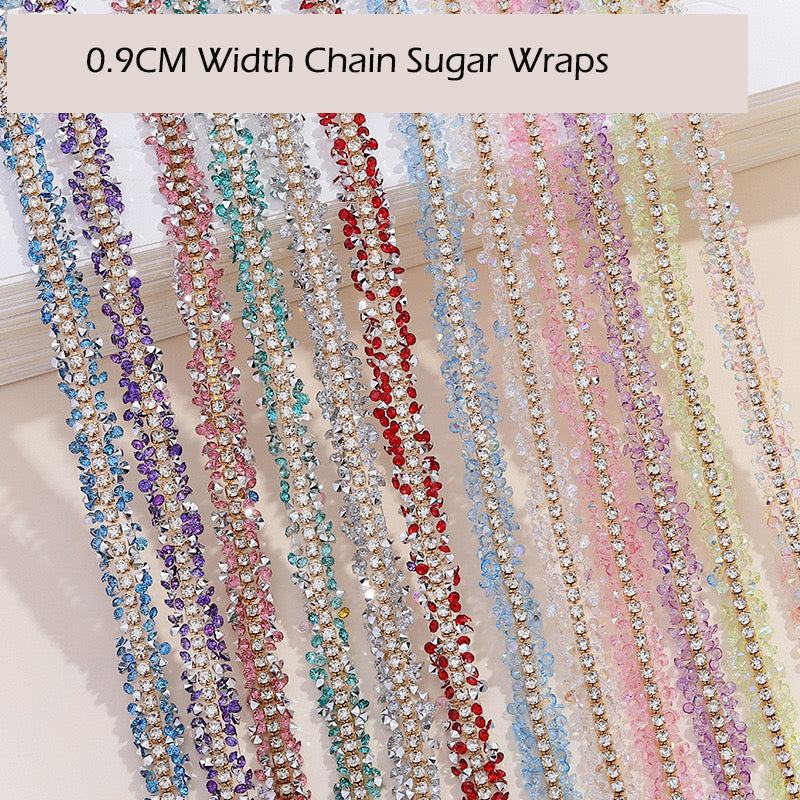 FS1301-0.9cm Width Sugar Diamonds Wraps tapes With Gold Chain In Middle For Making Fancy Bead