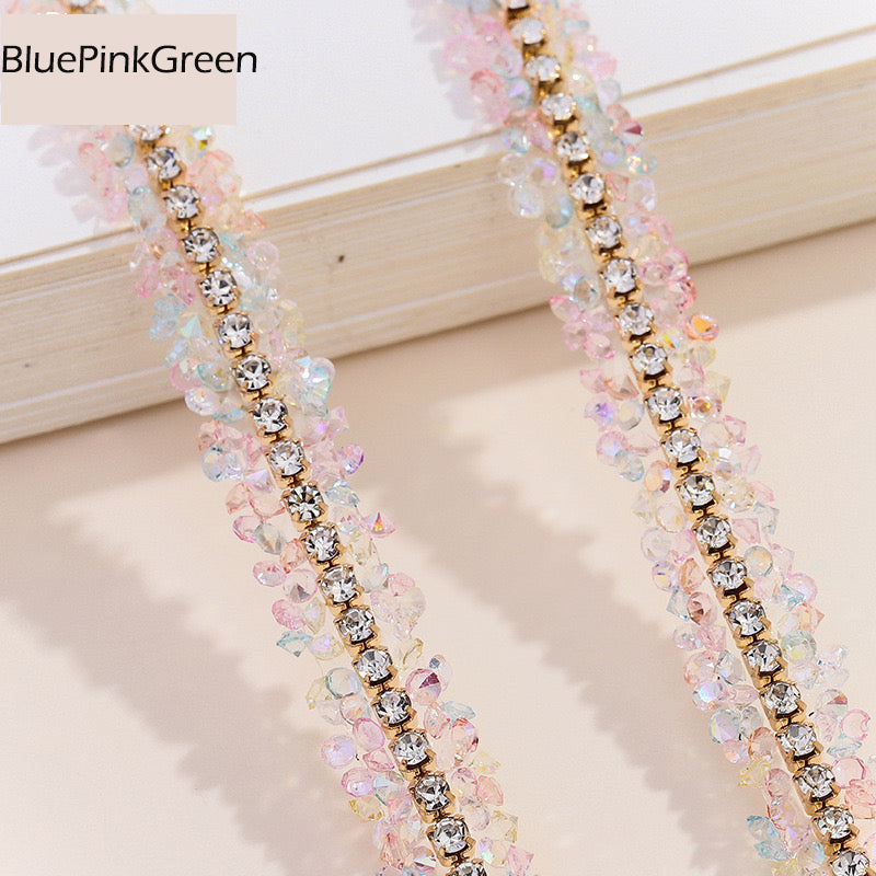 FS1301-0.9cm Width Sugar Diamonds Wraps tapes With Gold Chain In Middle For Making Fancy Bead