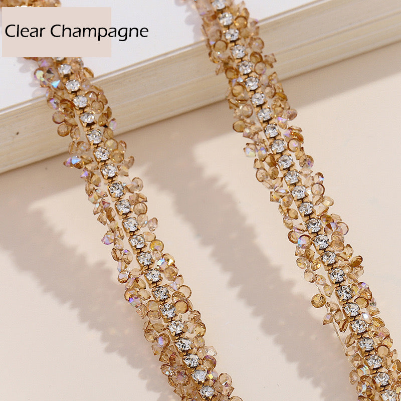 FS1301-0.9cm Width Sugar Diamonds Wraps tapes With Gold Chain In Middle For Making Fancy Bead