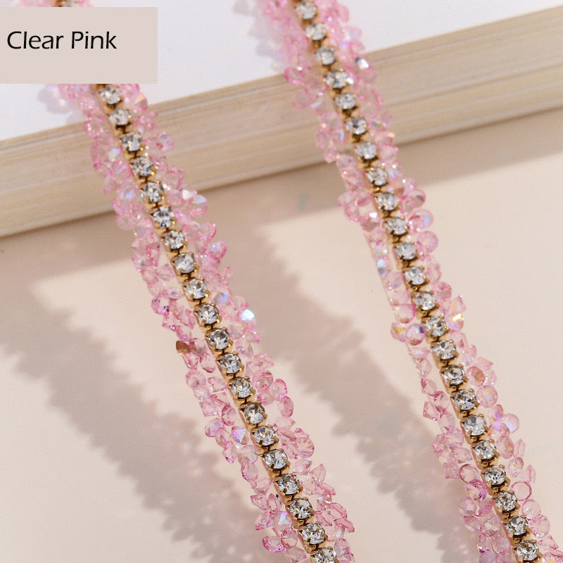 FS1301-0.9cm Width Sugar Diamonds Wraps tapes With Gold Chain In Middle For Making Fancy Bead