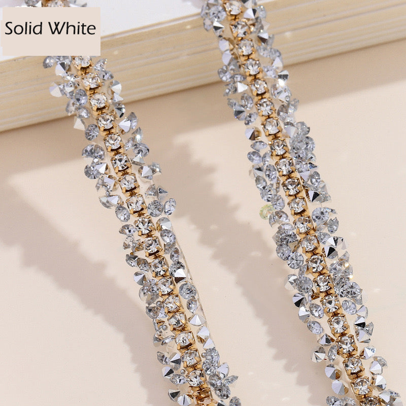 FS1301-0.9cm Width Sugar Diamonds Wraps tapes With Gold Chain In Middle For Making Fancy Bead