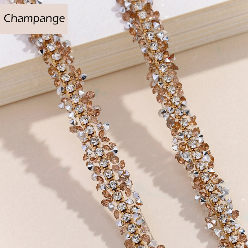 FS1301-0.9cm Width Sugar Diamonds Wraps tapes With Gold Chain In Middle For Making Fancy Bead