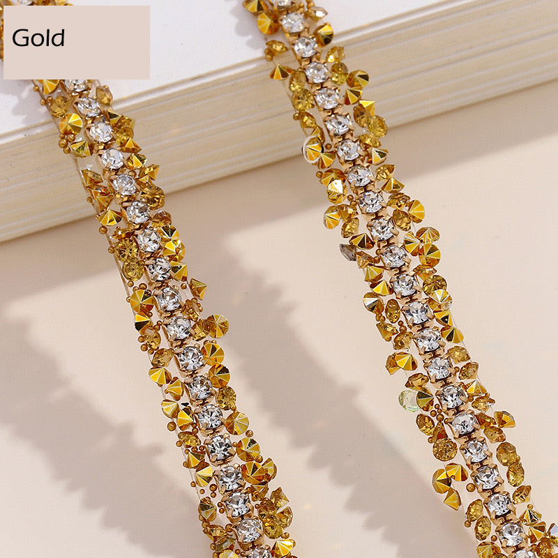 FS1301-0.9cm Width Sugar Diamonds Wraps tapes With Gold Chain In Middle For Making Fancy Bead