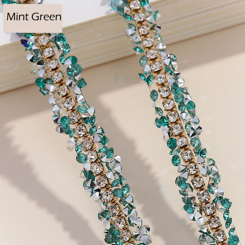 FS1301-0.9cm Width Sugar Diamonds Wraps tapes With Gold Chain In Middle For Making Fancy Bead