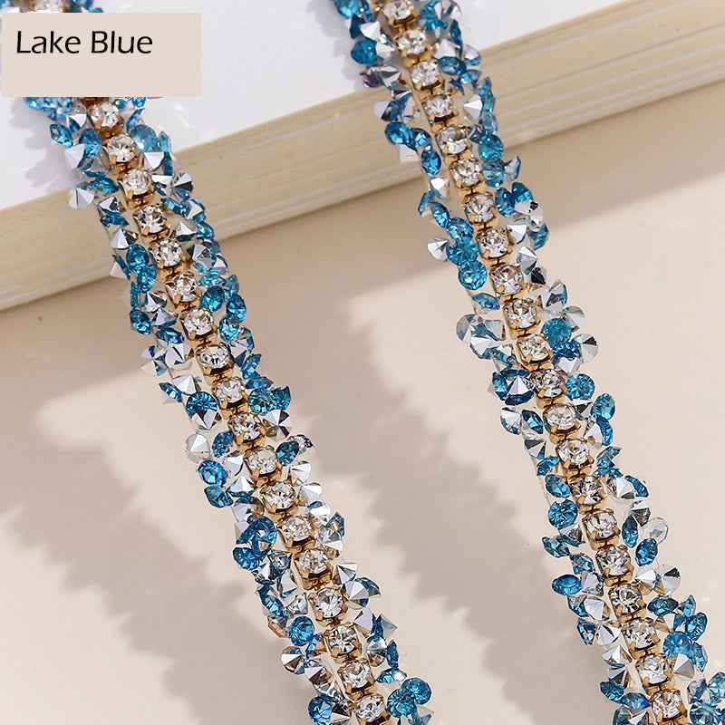 FS1301-0.9cm Width Sugar Diamonds Wraps tapes With Gold Chain In Middle For Making Fancy Bead