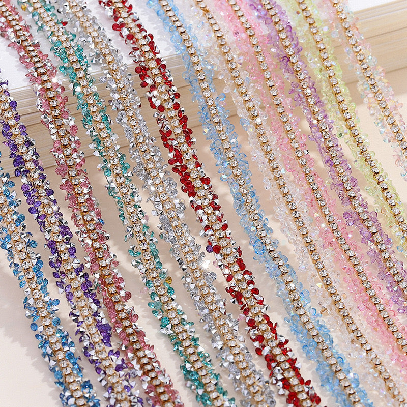FS1301-0.9cm Width Sugar Diamonds Wraps tapes With Gold Chain In Middle For Making Fancy Bead