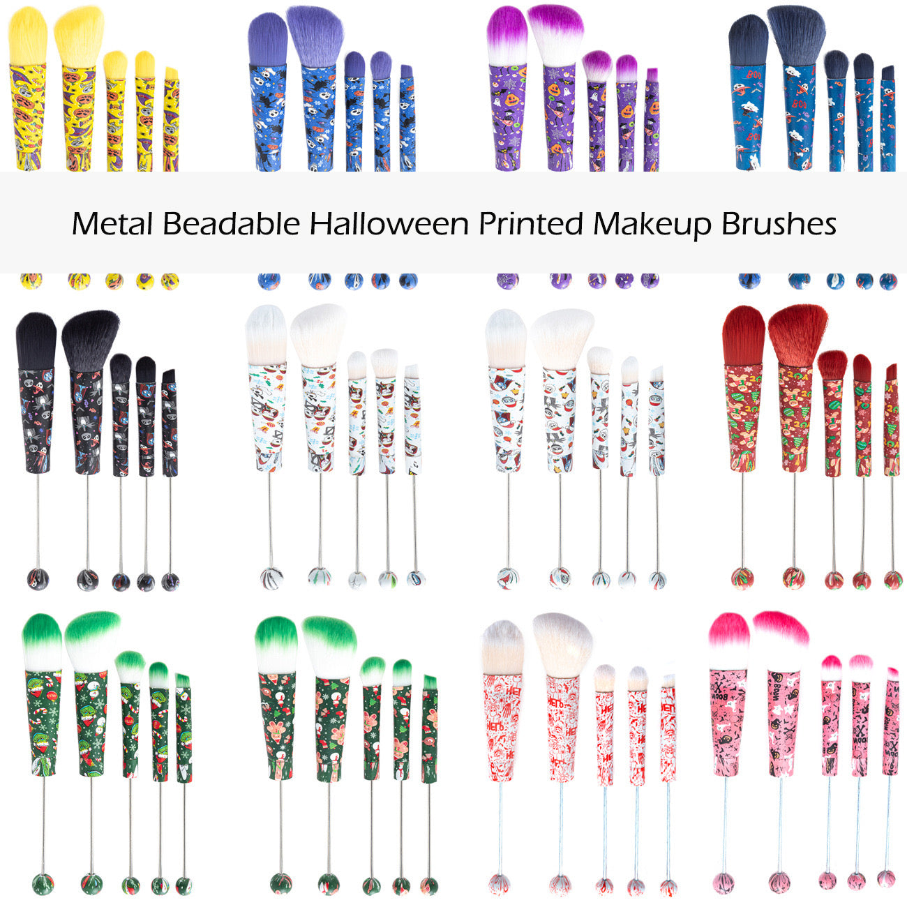 FS2816-Metal Beadable Halloween Printed Makeup Brushes（Five In A Set）